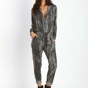 Cleobella Riley Jumpsuit in Liger print- black gray Long sleeve Small NWT